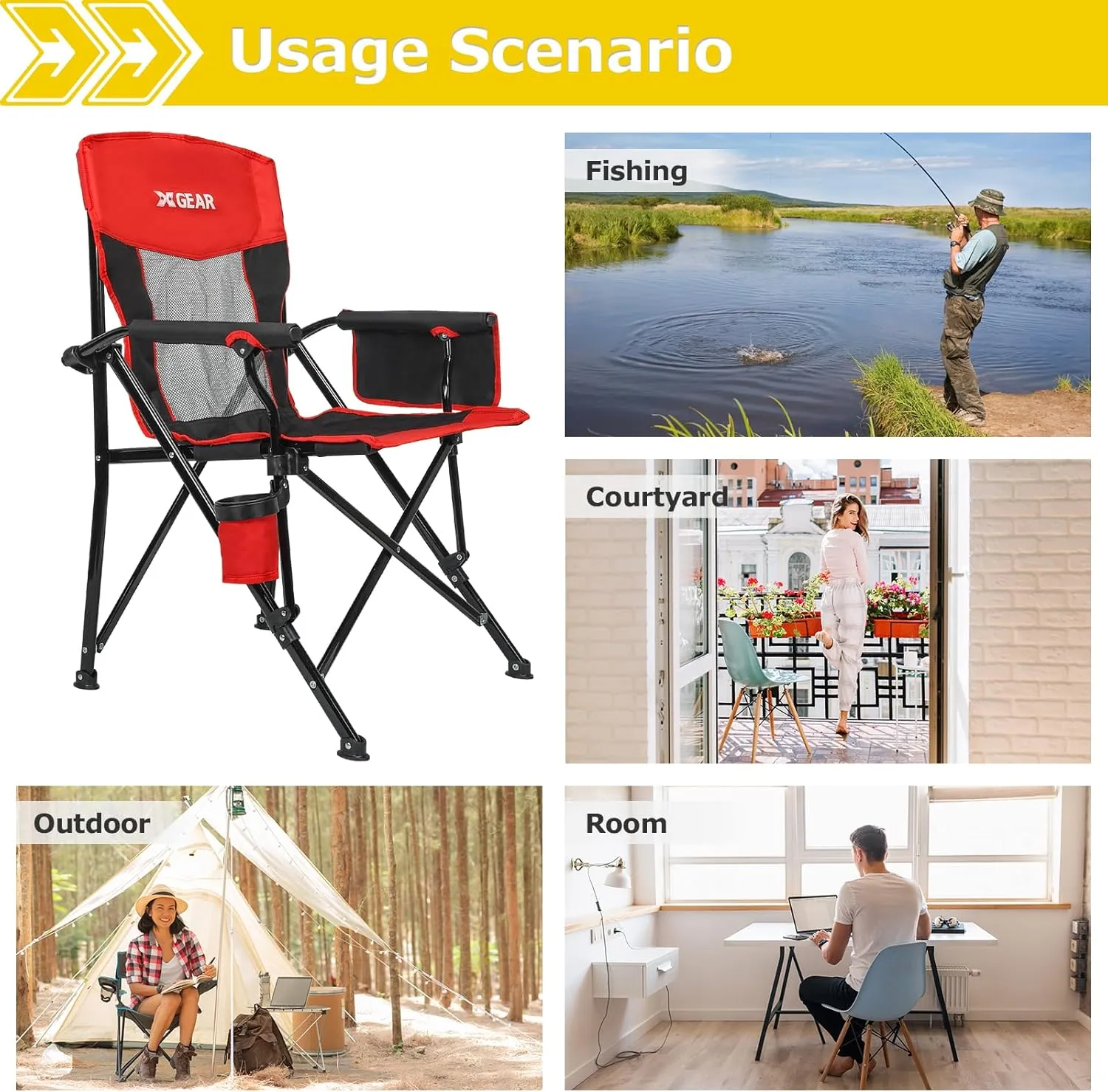 XGEAR Camping Chairs for Adults Support 350LBS Sturdy Mesh Back Camp Chair with Metal Armrests, Cup Holder, Storage Pockets(Black/Red)