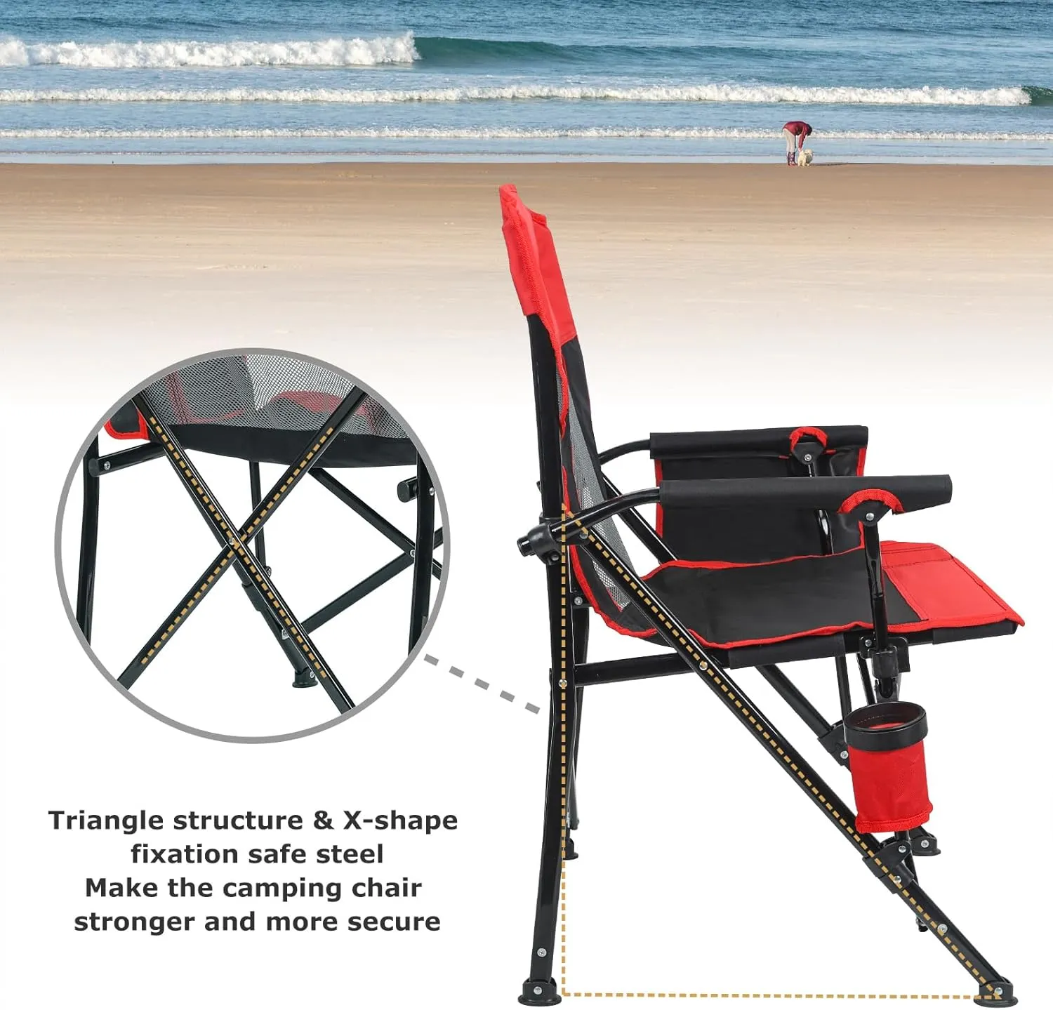 XGEAR Camping Chairs for Adults Support 350LBS Sturdy Mesh Back Camp Chair with Metal Armrests, Cup Holder, Storage Pockets(Black/Red)