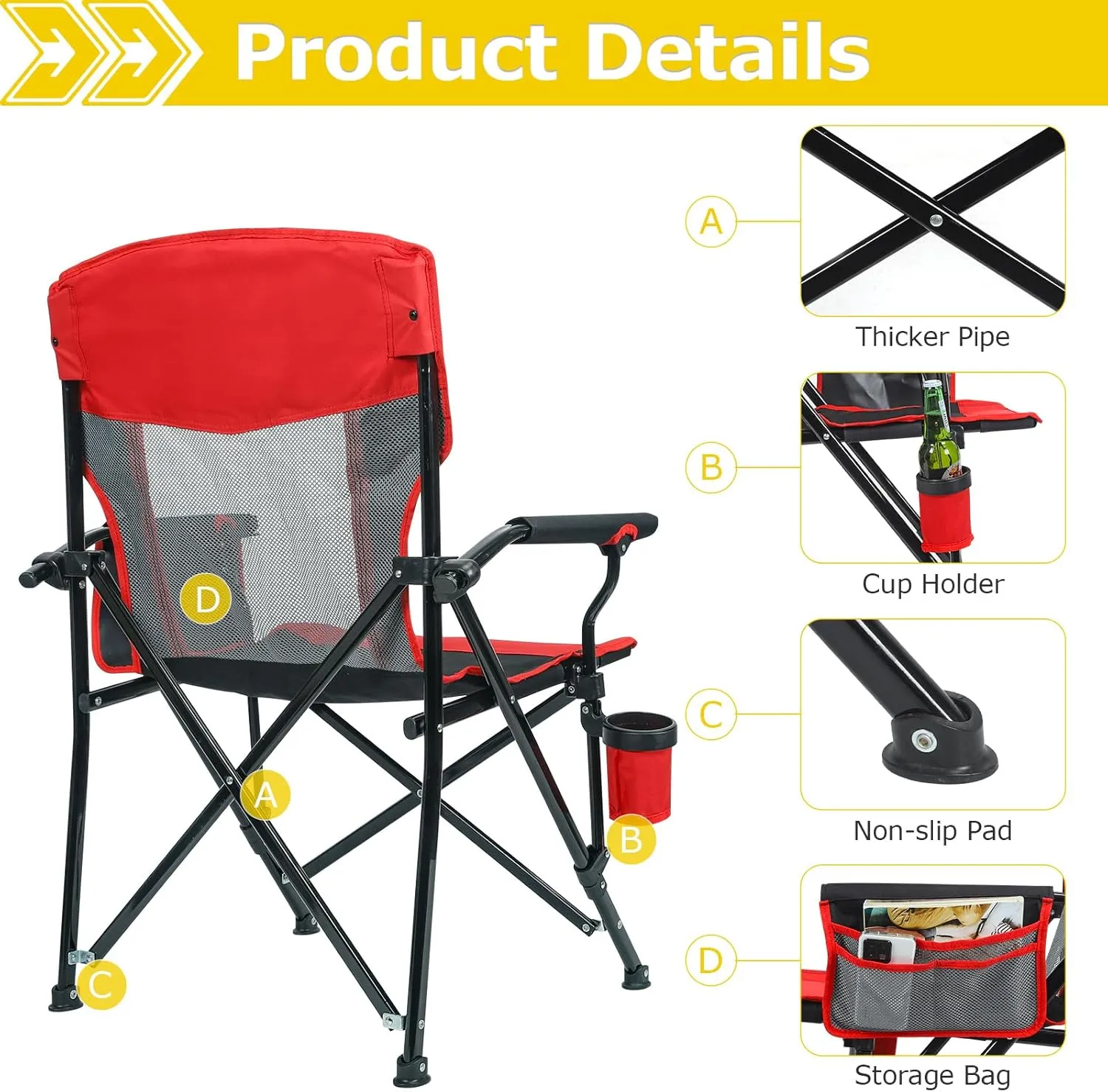 XGEAR Camping Chairs for Adults Support 350LBS Sturdy Mesh Back Camp Chair with Metal Armrests, Cup Holder, Storage Pockets(Black/Red)