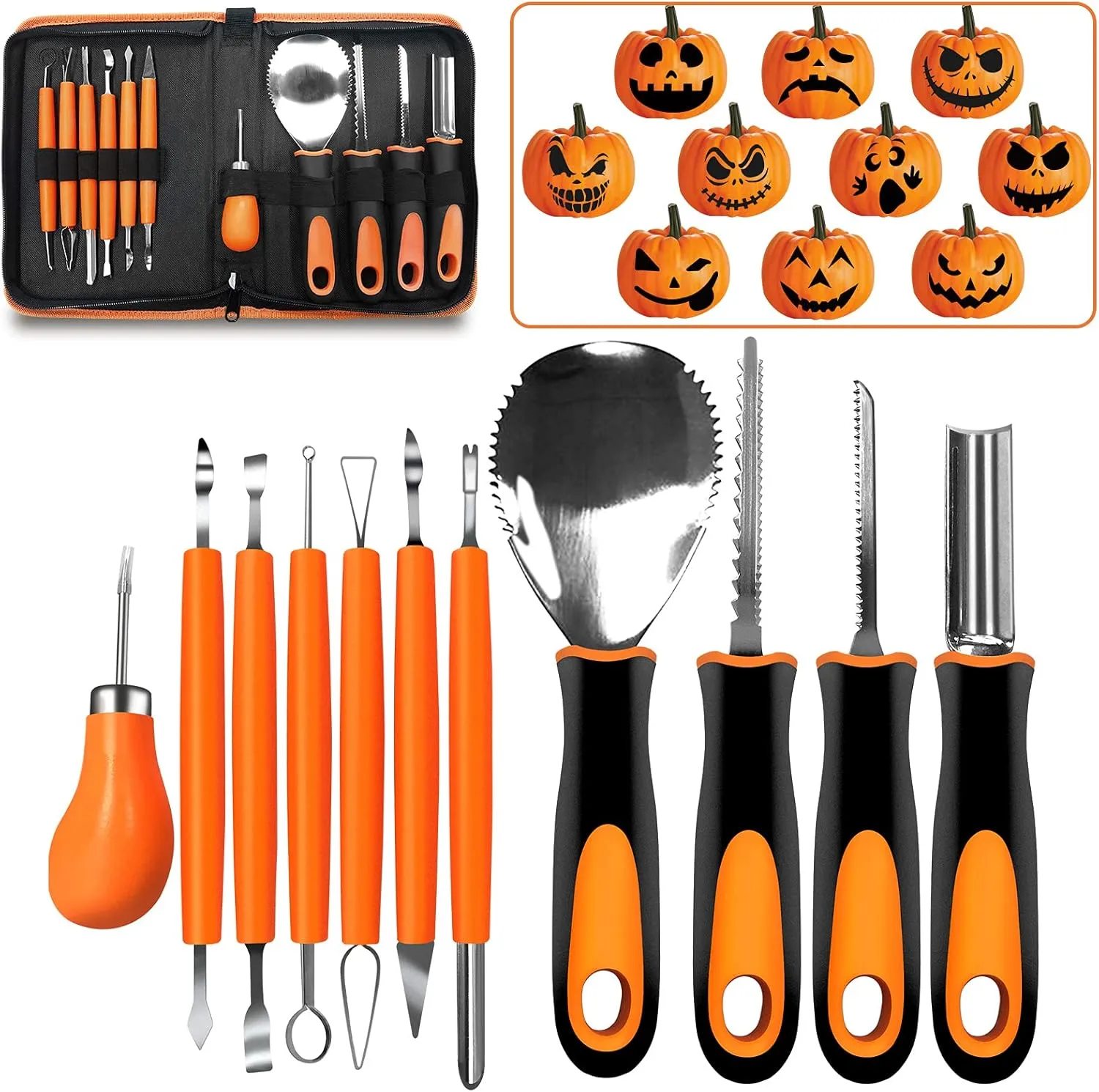 YAOMAISI Halloween Adult and Children Pumpkin Carving Kit Carving Knife Upgraded Edition 12 Pieces of Professional Stainless Steel Pumpkin Carving Tool Belt Handbag