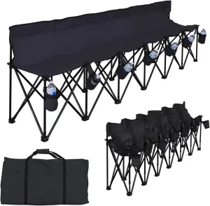 YardGrow 6 Seater Folding Team Sports Sideline Bench Chairs Folding Soccer Bench Portable Football Camp Outdoor Waterproof (Black-with Cup Holder)