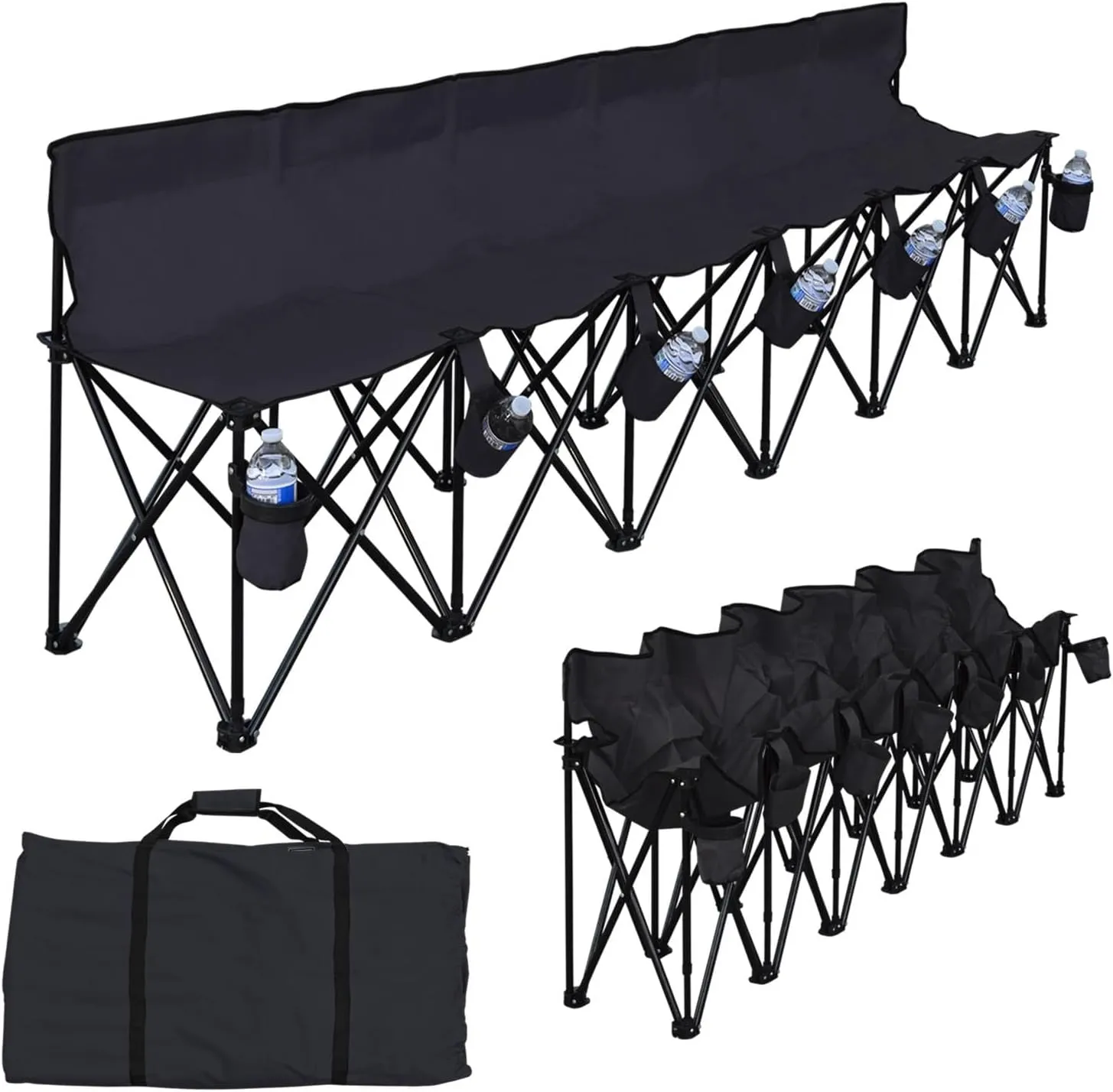 YardGrow 6 Seater Folding Team Sports Sideline Bench Chairs Folding Soccer Bench Portable Football Camp Outdoor Waterproof (Black-with Cup Holder)