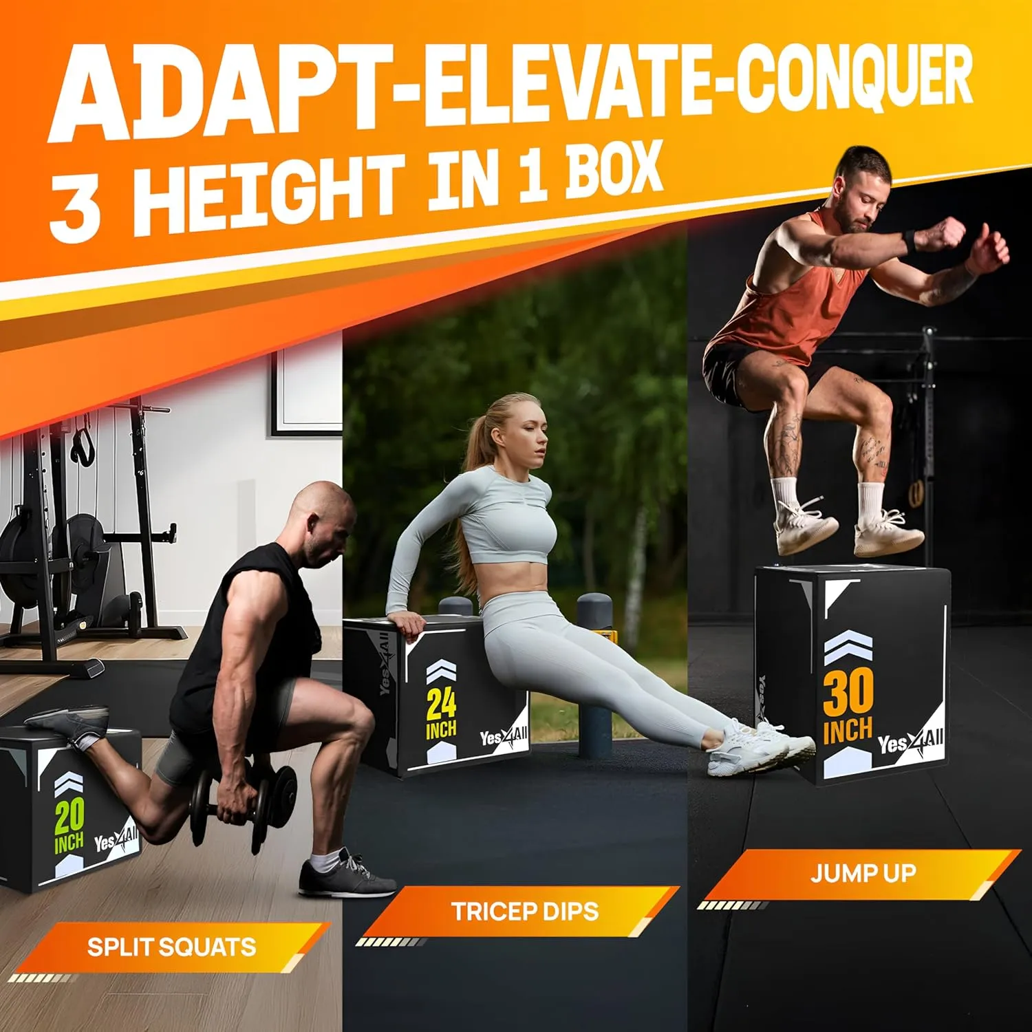 Yes4All 3-in-1 Soft-Padded Plyo Box With Wooden Core, Non-Slip Multi-Use Cushioned Plyometric Jump Box for Jumping, Conditioning, Strength Training