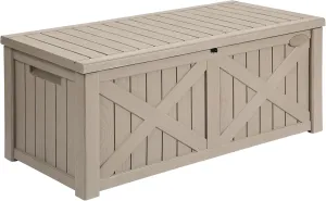 YITAHOME 120 Gallon Large Deck Box, Upgraded Resin Outdoor Storage Boxes w/Flexible Divider, Waterproof Cushion Storage Bench for Patio Furniture, Pool Supplies, Garden Tools - Lockable, Light Brown