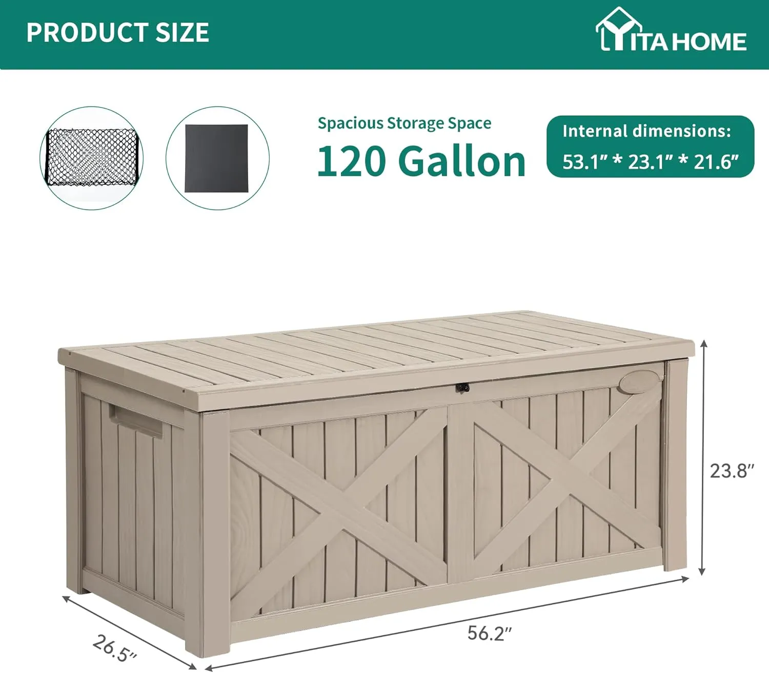 YITAHOME 120 Gallon Large Deck Box, Upgraded Resin Outdoor Storage Boxes w/Flexible Divider, Waterproof Cushion Storage Bench for Patio Furniture, Pool Supplies, Garden Tools - Lockable, Light Brown
