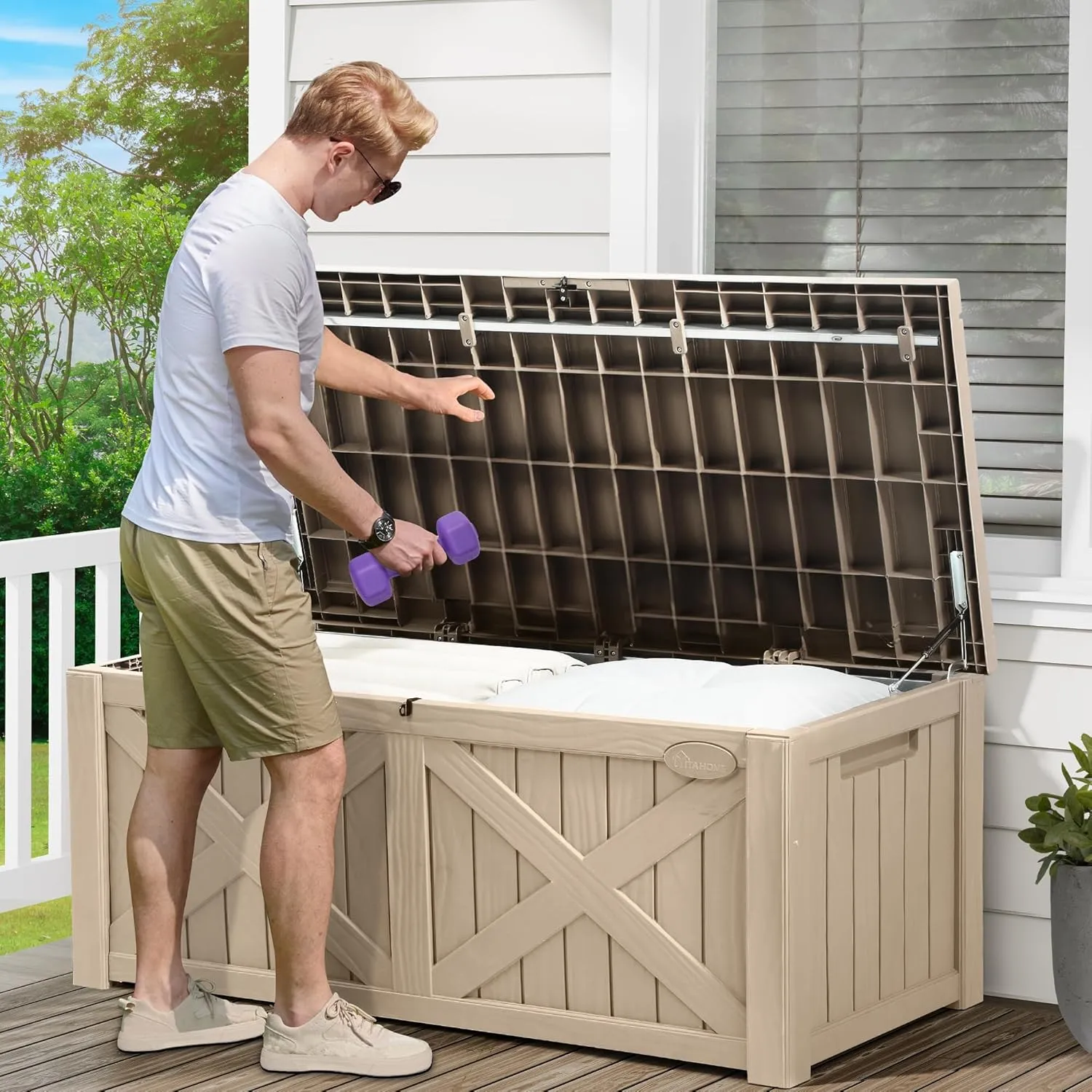 YITAHOME 120 Gallon Large Deck Box, Upgraded Resin Outdoor Storage Boxes w/Flexible Divider, Waterproof Cushion Storage Bench for Patio Furniture, Pool Supplies, Garden Tools - Lockable, Light Brown