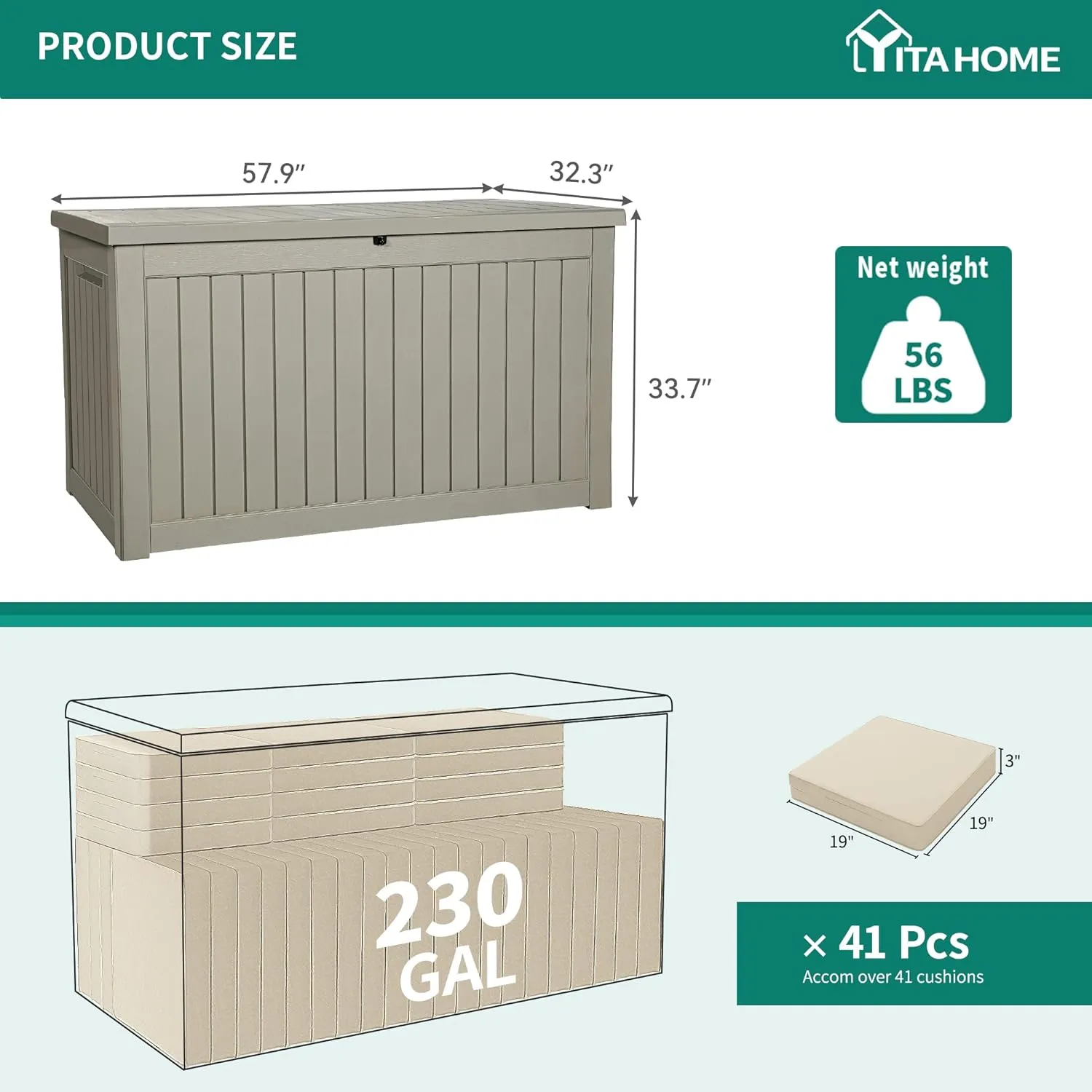 YITAHOME 230 Gallon Large Outdoor Storage XXL Deck Box for Patio Furniture, Outdoor Cushions, Garden Tools and Sports/Pools Equipment, Waterproof Resin, Lockable, Taupe