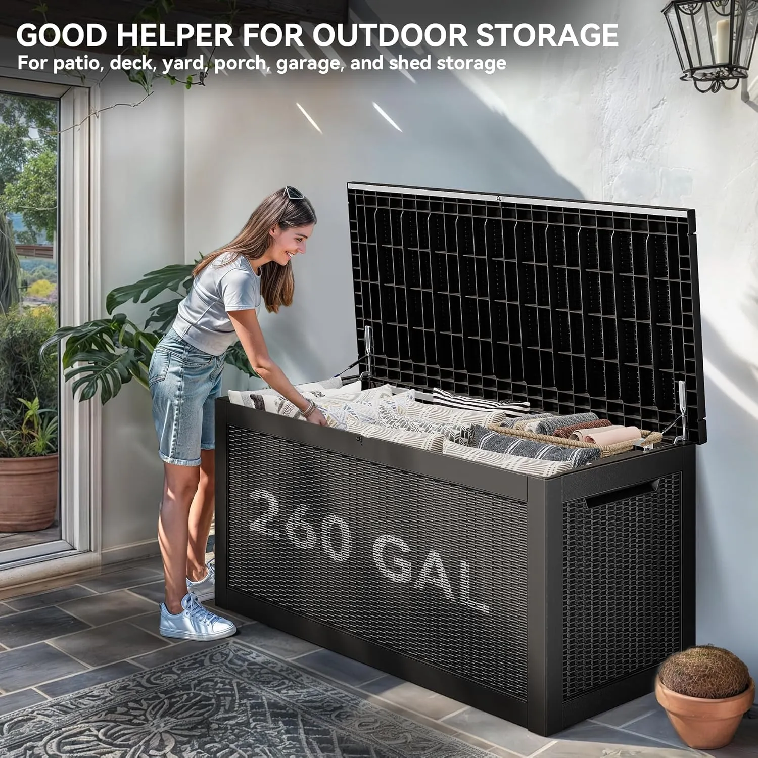 YITAHOME 260 Gallon Outdoor Storage Box, Large Water Resistant Resin Deck Box, Indoor Outdoor Lockable Storage Container for Patio, Garden, Cushions, Tools, Equipment(Black)