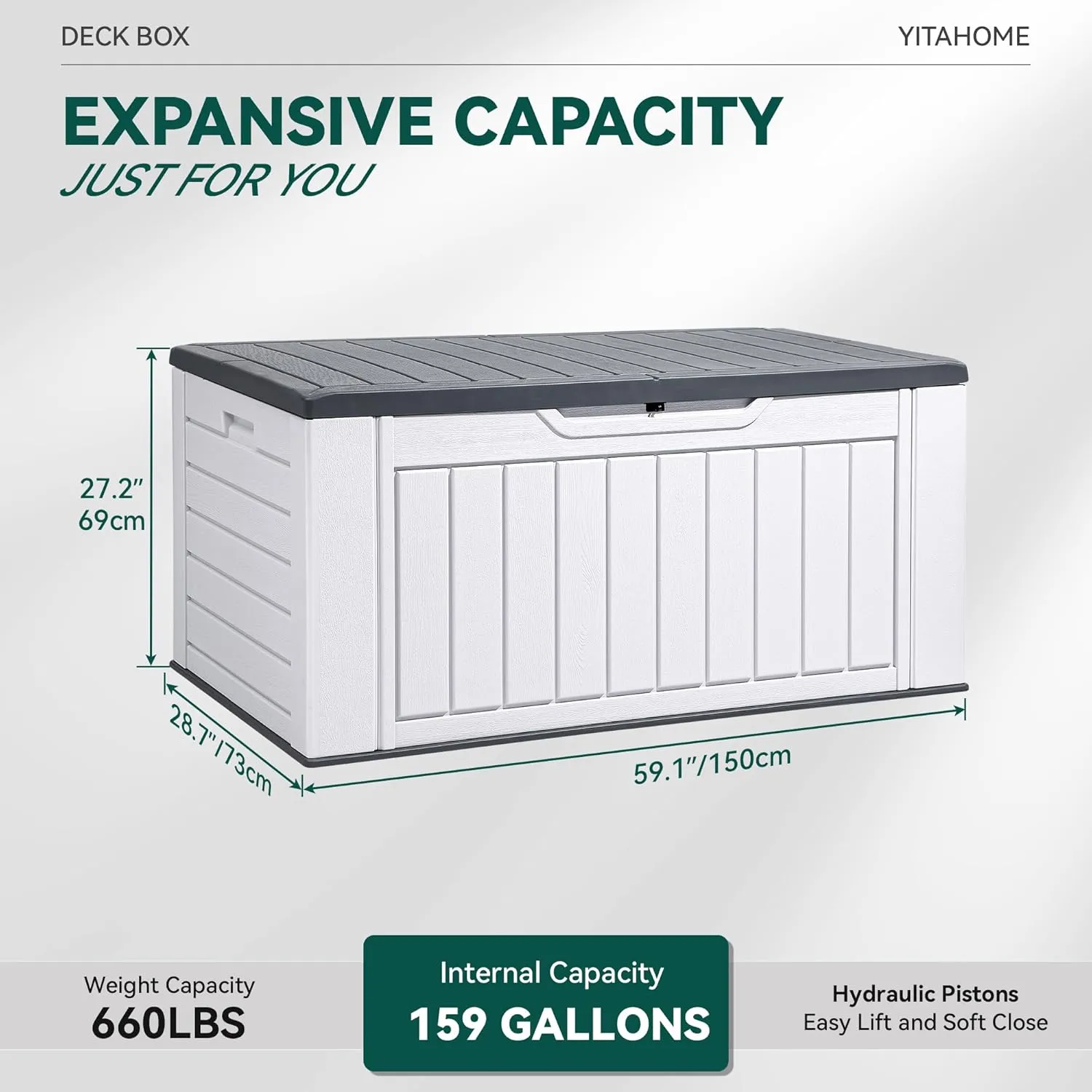 YITAHOME Extra Large 160 Gallon Spacious Deck Container, Waterproof Outdoor Storage Chest for Patio Furniture Pillows, Gardening Equipment, Pool Accessories, Secure Locking Mechanism, Sleek Light Gray