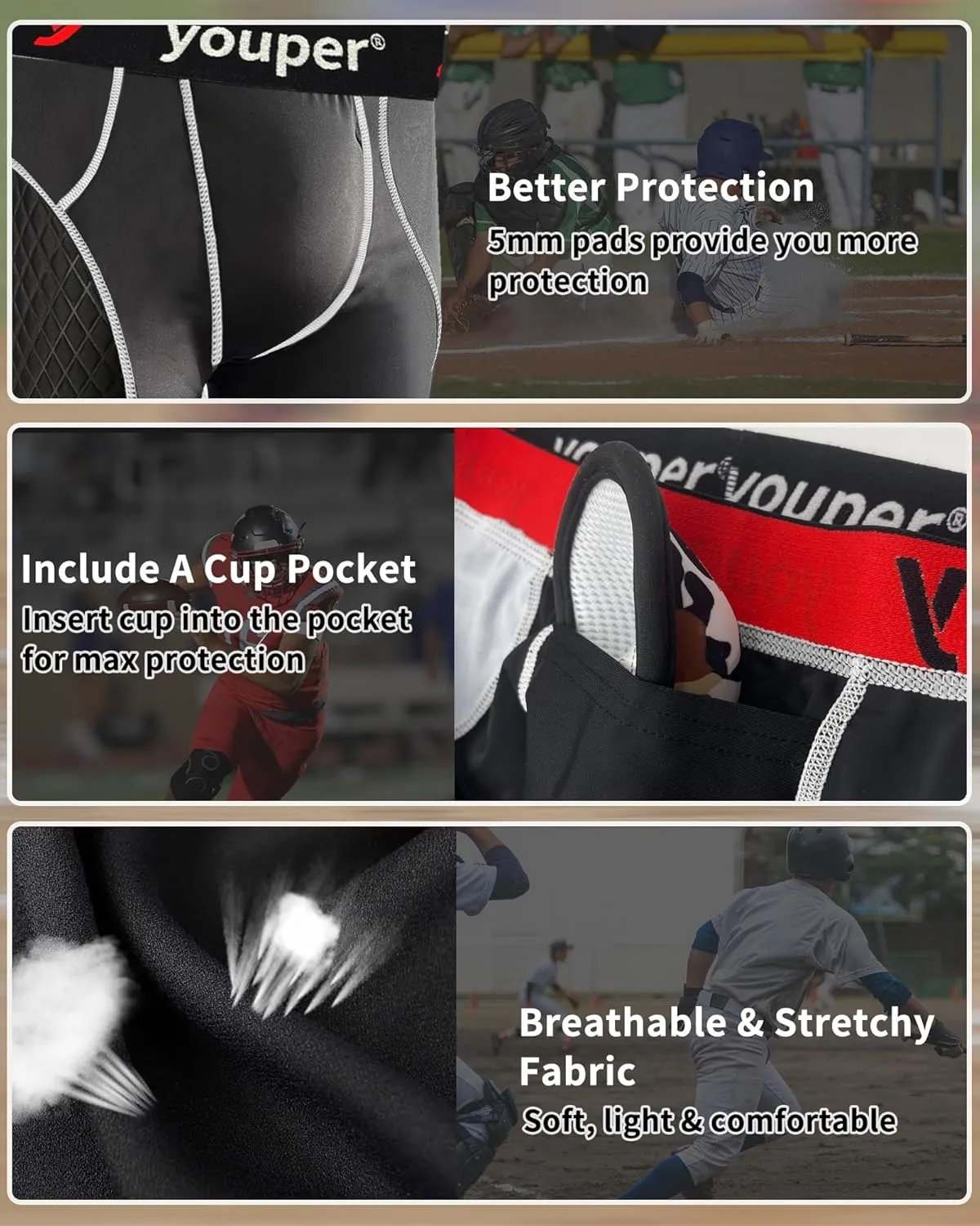 Youper Adult Elite Compression Padded Sliding Shorts w/Cup Pocket for Baseball, Football
