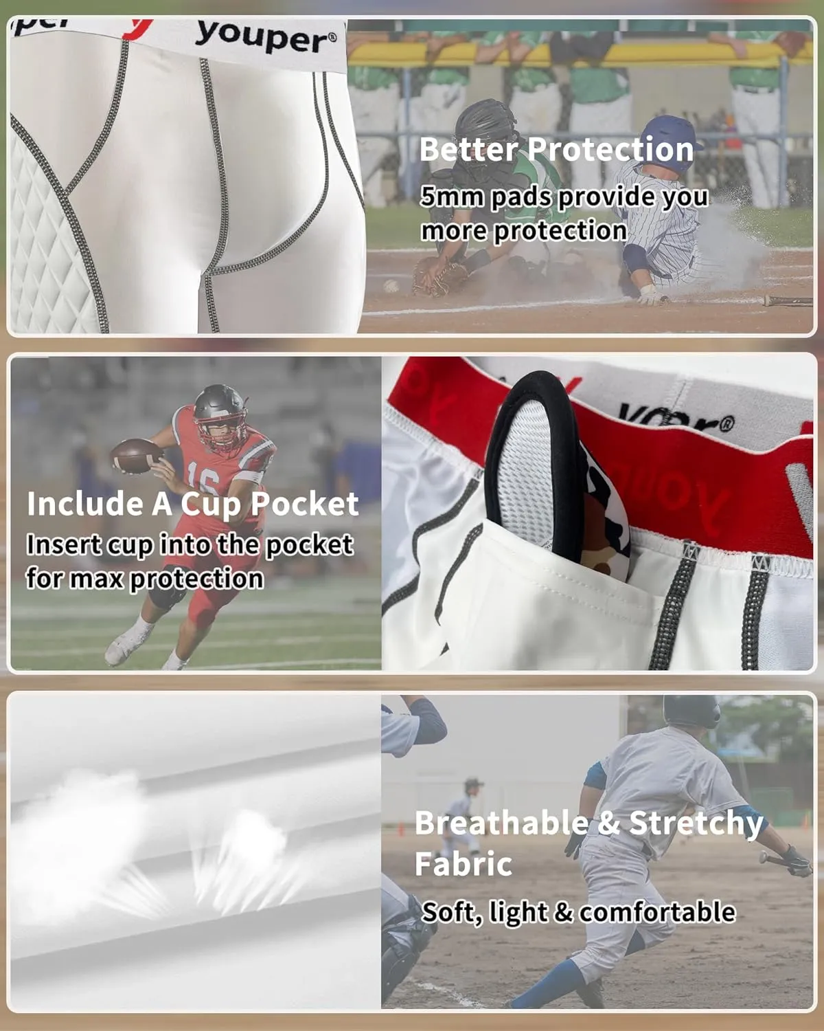 Youper Adult Elite Compression Padded Sliding Shorts w/Cup Pocket for Baseball, Football