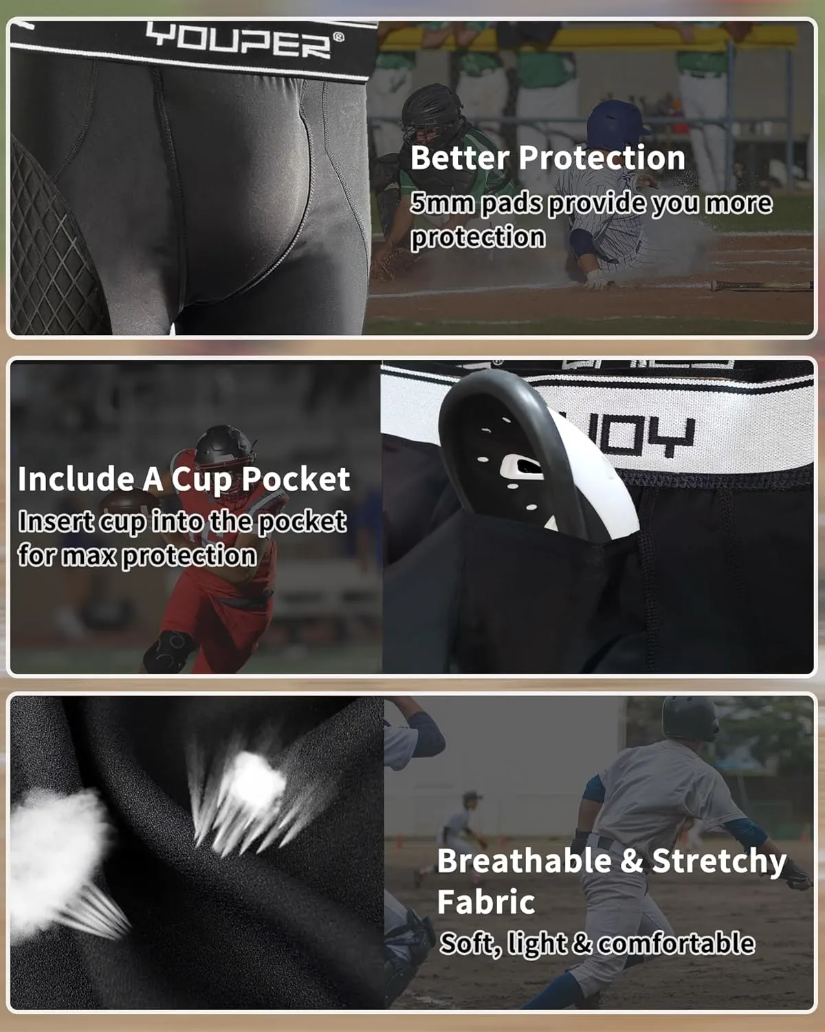 Youper Adult Elite Compression Padded Sliding Shorts w/Cup Pocket for Baseball, Football