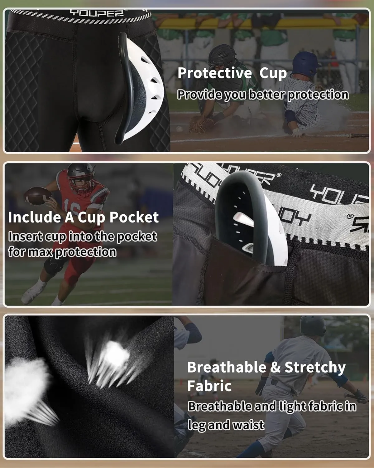 Youper Adult Elite Compression Padded Sliding Shorts w/Protective Athletic Cup for Baseball, Football