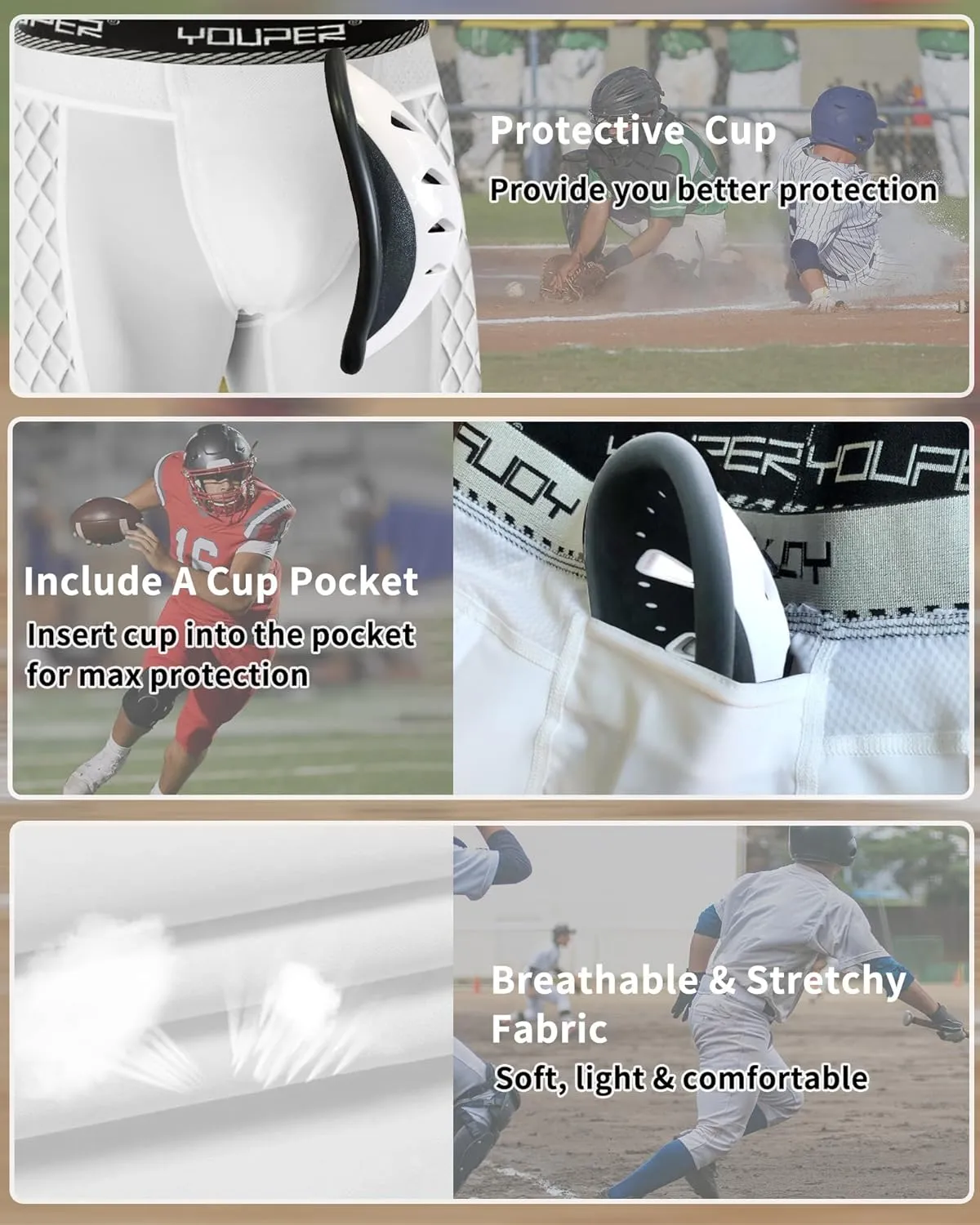 Youper Adult Elite Compression Padded Sliding Shorts w/Protective Athletic Cup for Baseball, Football
