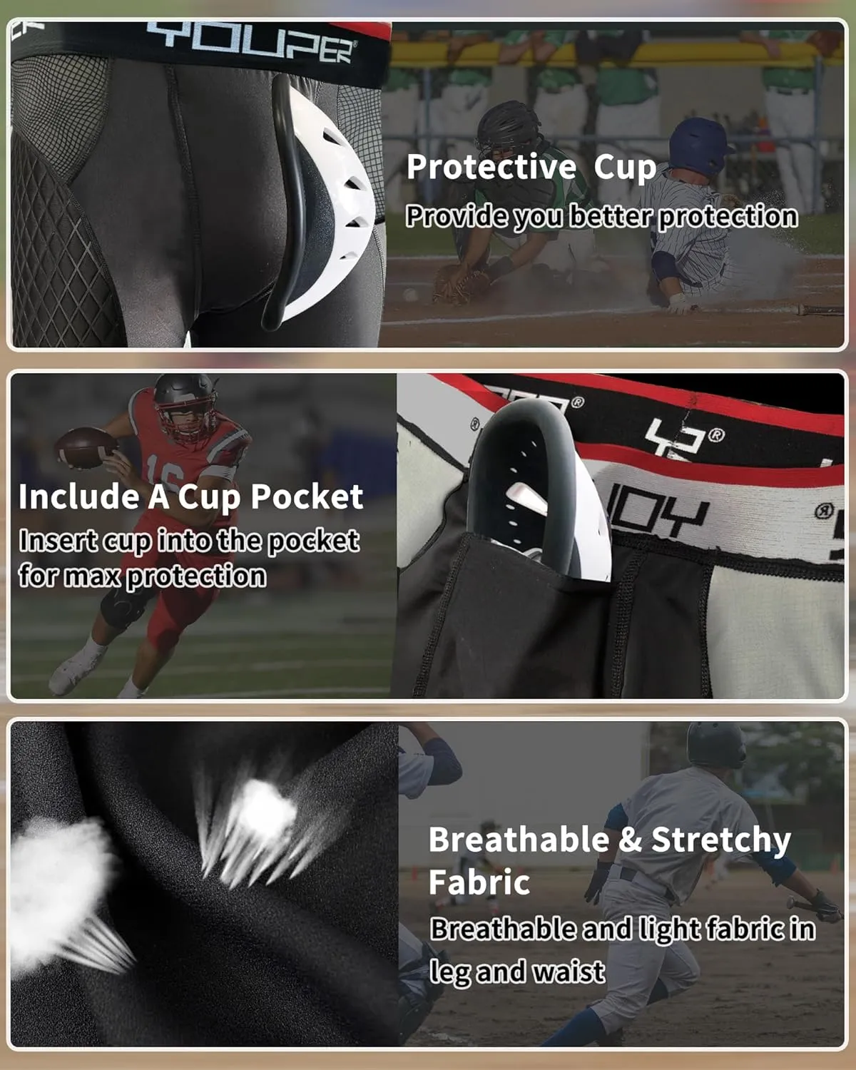 Youper Adult Elite Compression Padded Sliding Shorts w/Protective Athletic Cup for Baseball, Football