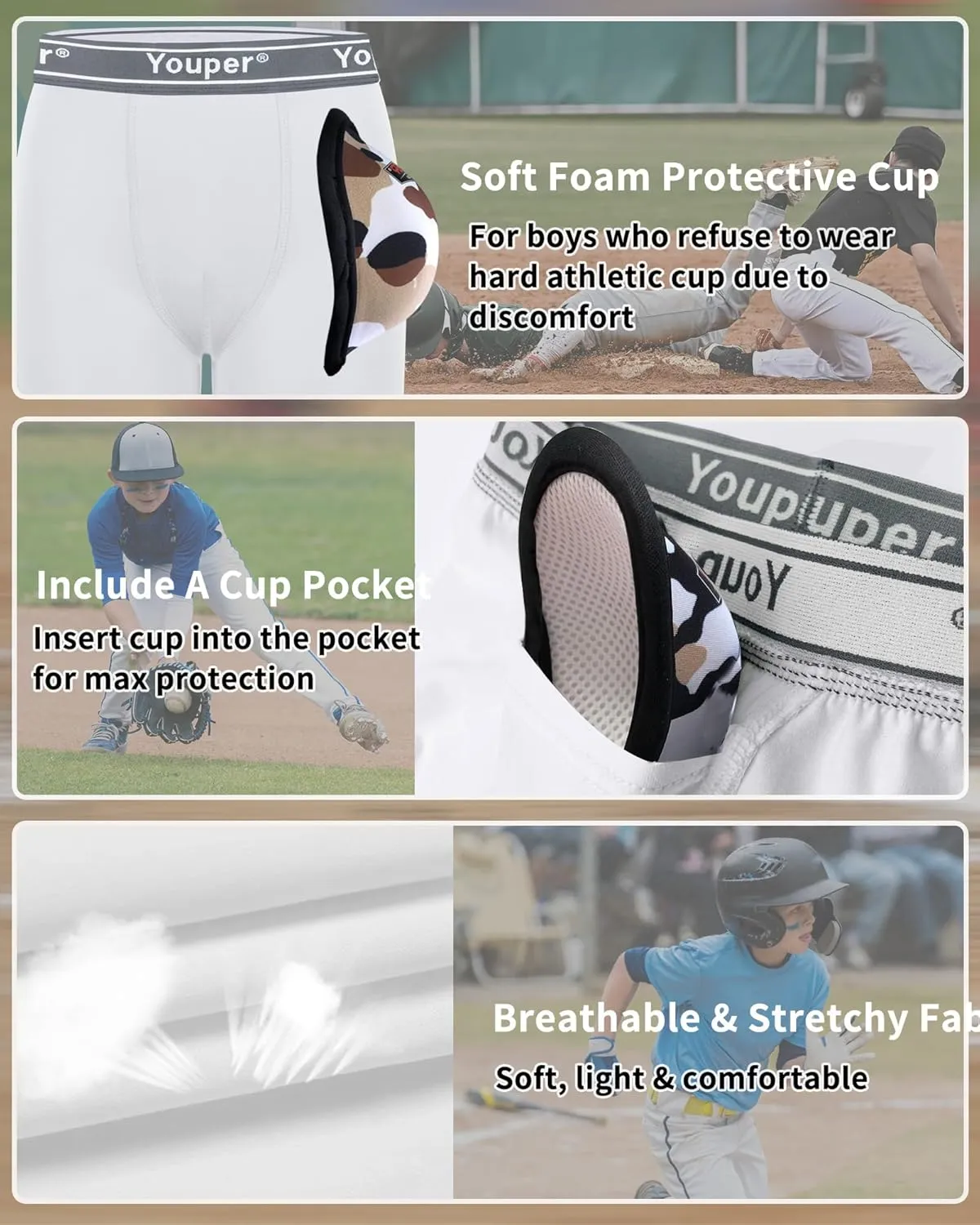 Youper Boys Compression Brief with Soft Protective Athletic Cup, Youth Underwear for Baseball, Football, Hockey, Lacrosse