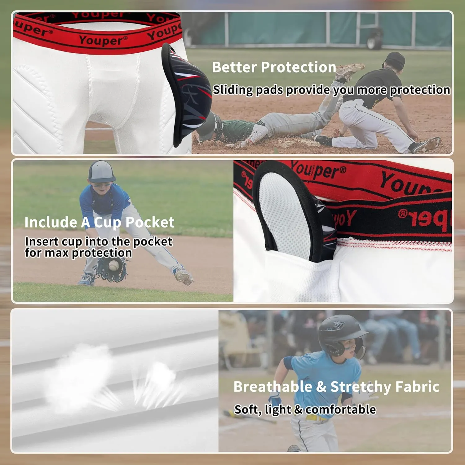 Youper Boys Youth Padded Sliding Shorts with Soft Protective Athletic Cup for Baseball, Football, Lacrosse