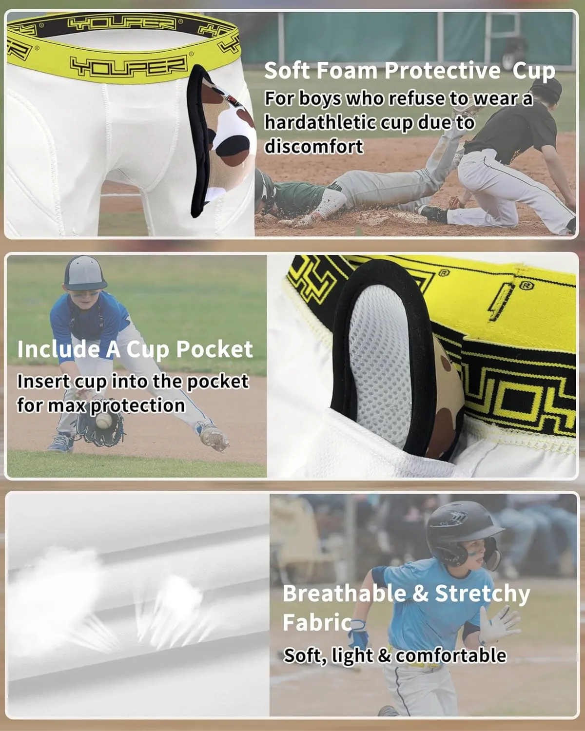 Youper Boys Youth Padded Sliding Shorts with Soft Protective Athletic Cup for Baseball, Football, Lacrosse