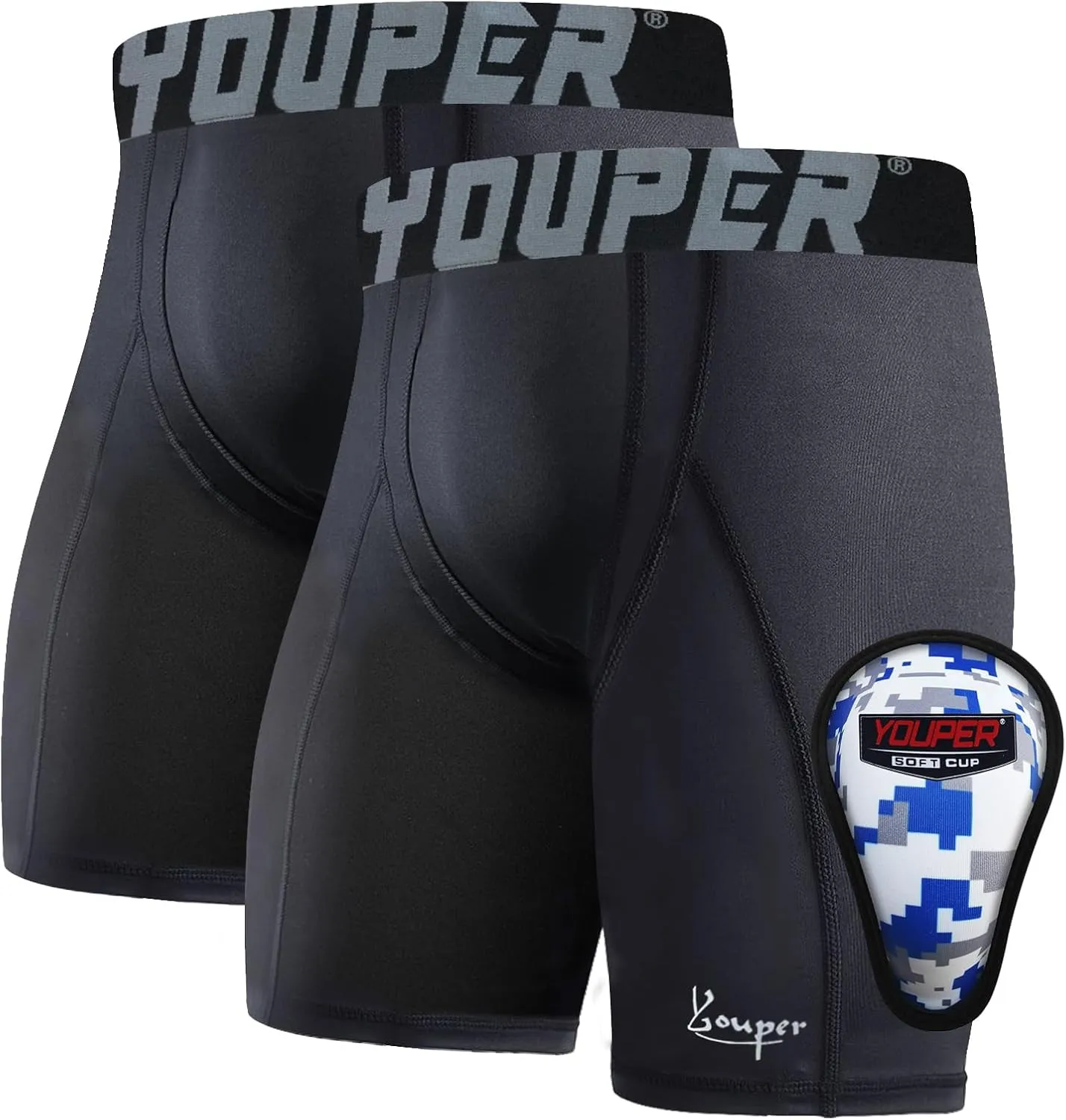 Youper Youth Boys Compression Sliding Shorts with Soft Protective Cup for Baseball Football Hockey (2-Pack)