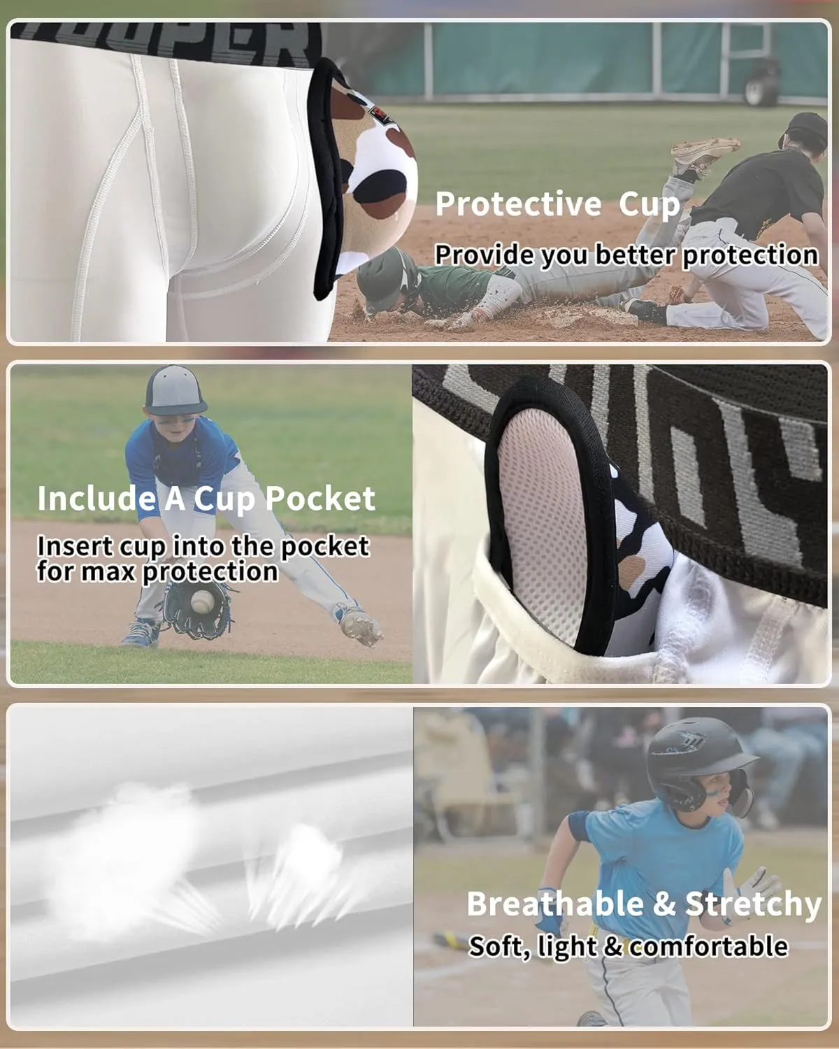 Youper Youth Boys Compression Sliding Shorts with Soft Protective Cup for Baseball Football Hockey (2-Pack)