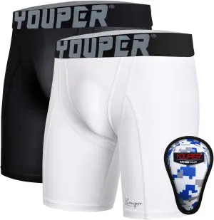 Youper Youth Boys Compression Sliding Shorts with Soft Protective Cup for Baseball Football Hockey (2-Pack)