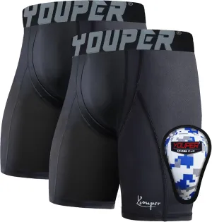 Youper Youth Boys Compression Sliding Shorts with Soft Protective Cup for Baseball Football Hockey (2-Pack)