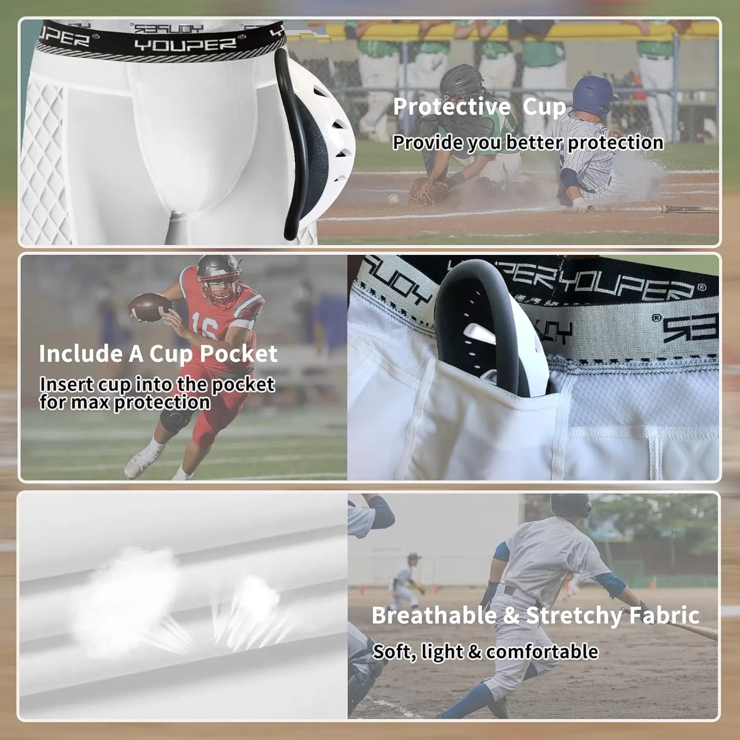 Youper Youth Boys Padded Sliding Shorts with Elite Protective Cup for Football, Baseball & Hockey