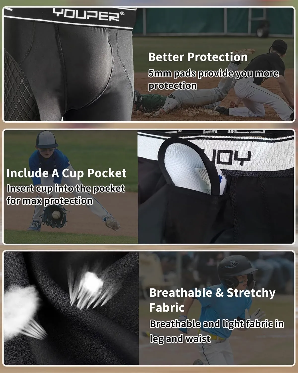Youper Youth Elite Compression Padded Sliding Shorts w/Cup Pocket for Baseball, Football