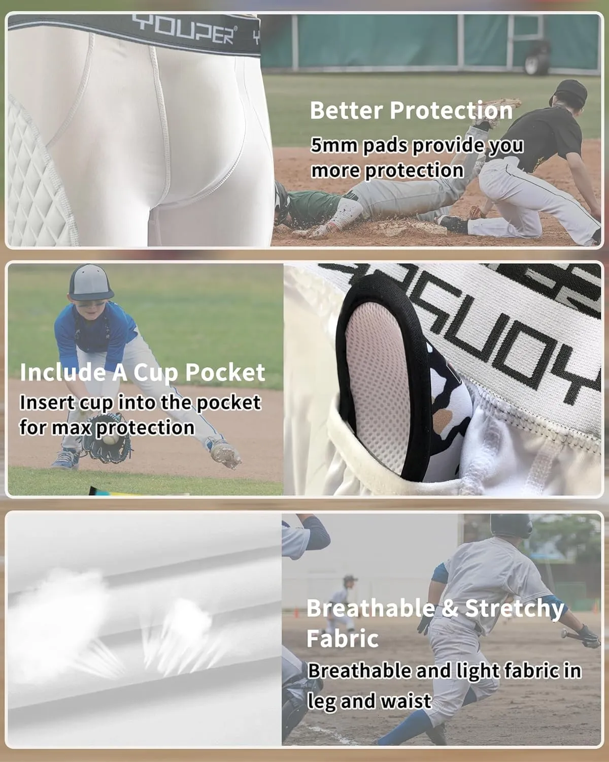 Youper Youth Elite Compression Padded Sliding Shorts w/Cup Pocket for Baseball, Football