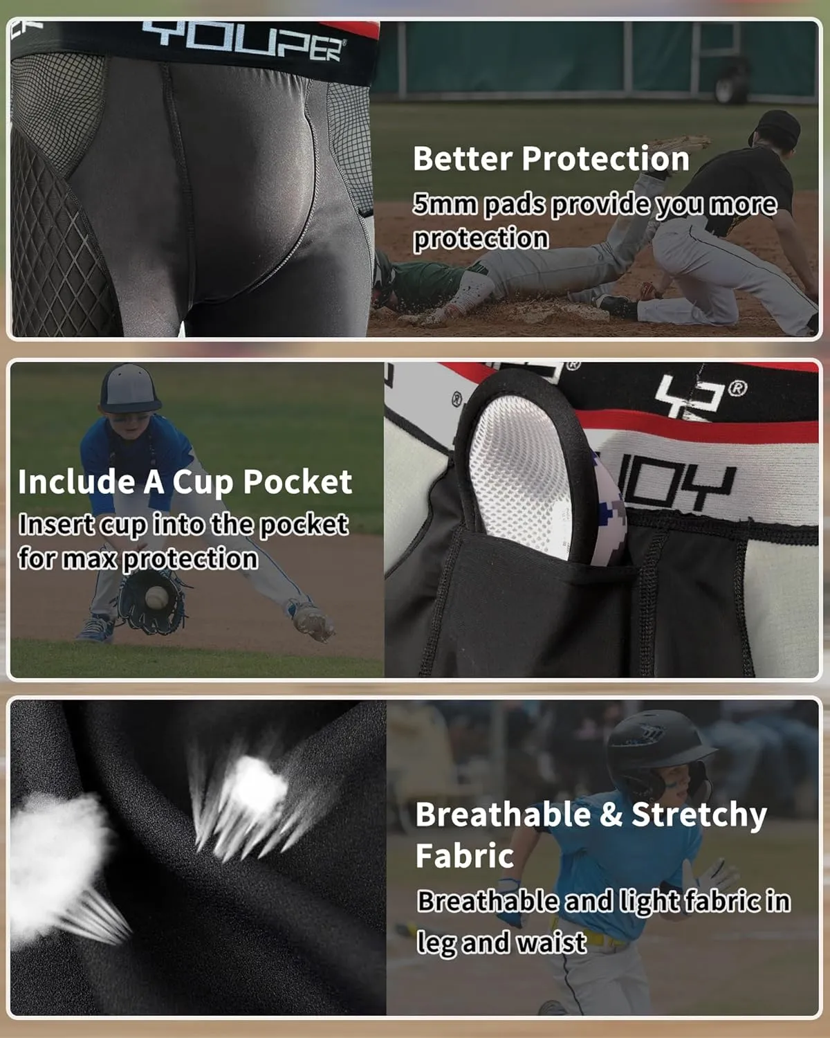 Youper Youth Elite Compression Padded Sliding Shorts w/Cup Pocket for Baseball, Football
