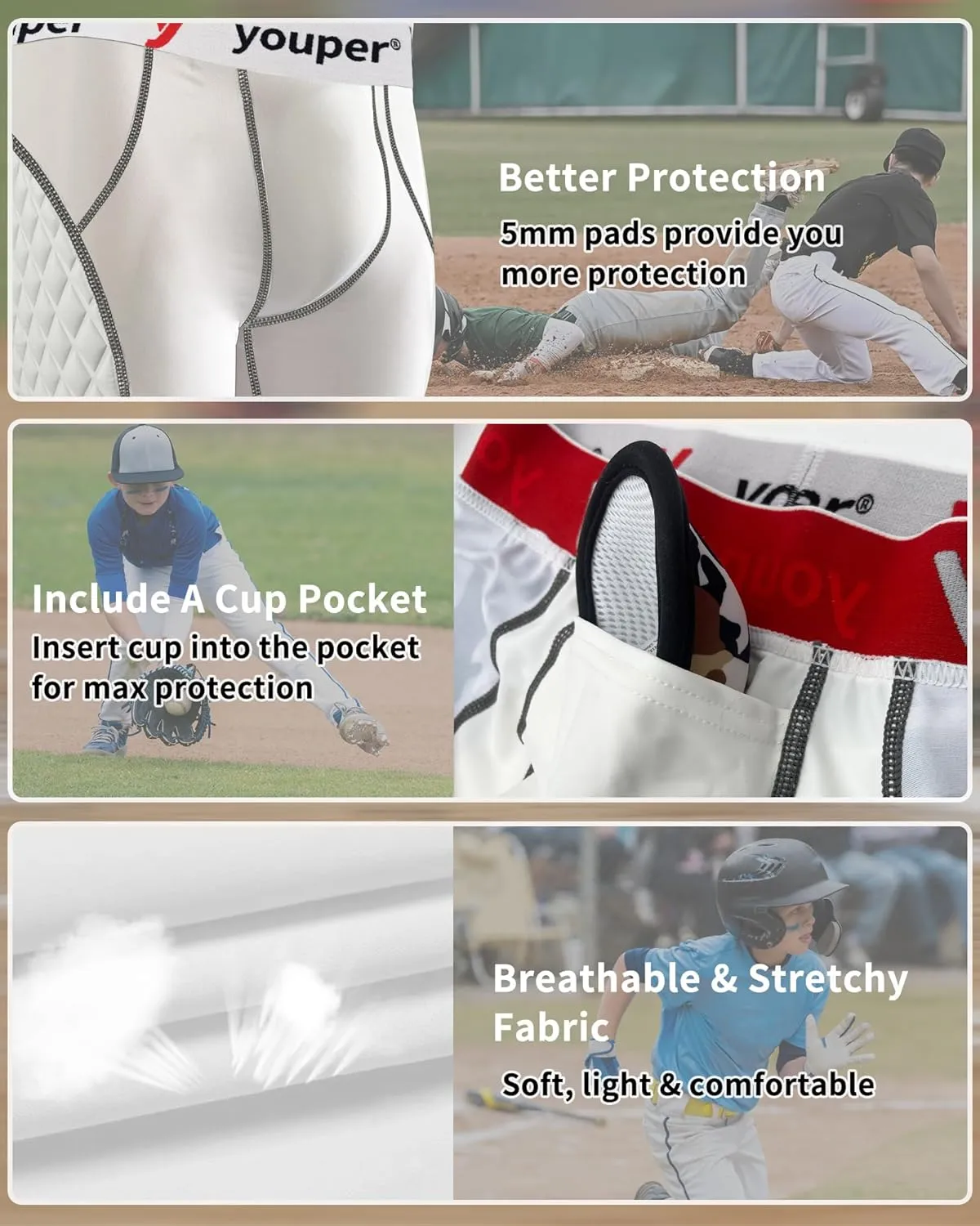 Youper Youth Elite Compression Padded Sliding Shorts w/Cup Pocket for Baseball, Football