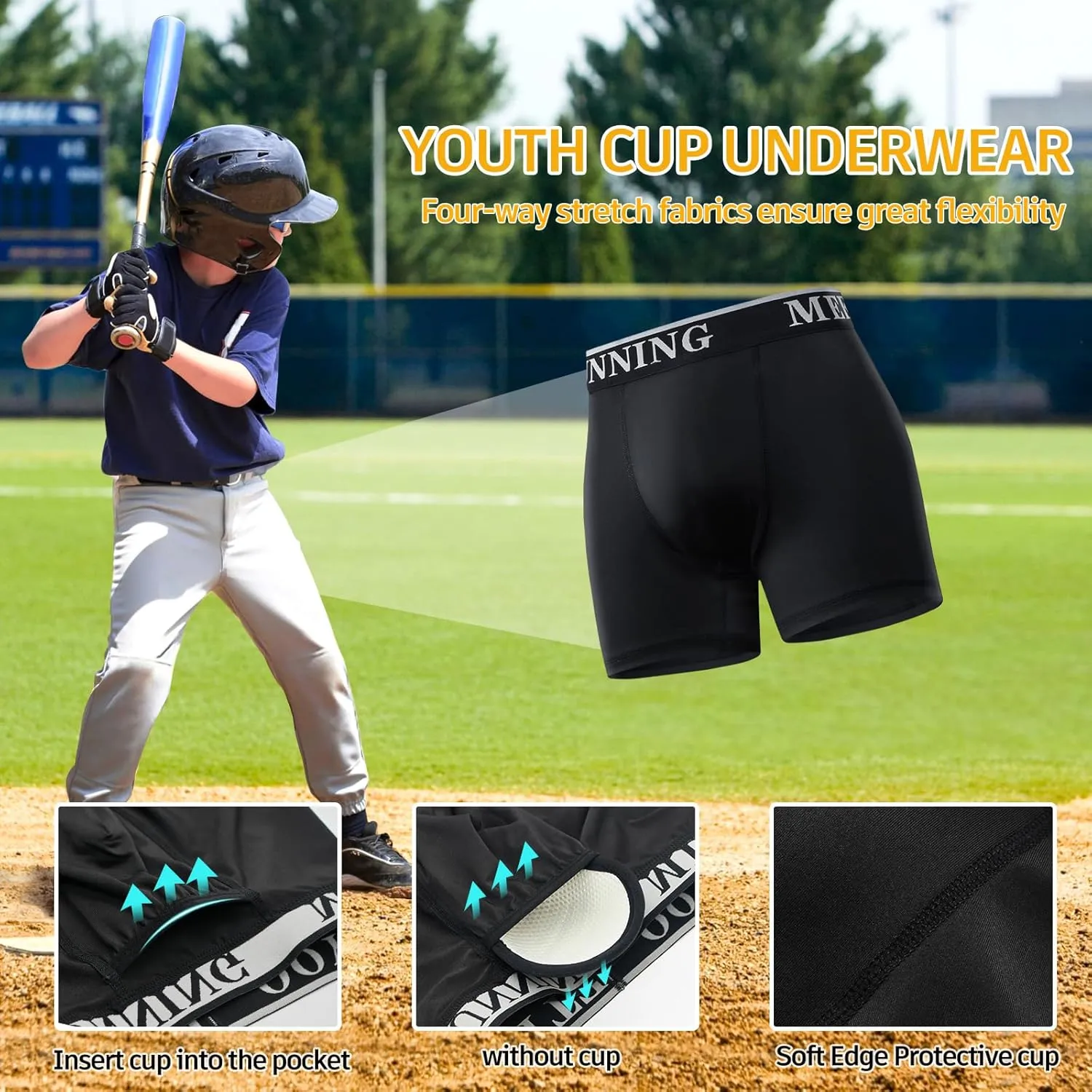 Youth Boys Athletic Compression Sliding Shorts with Soft Cup Pocket for Baseball Football Lacrosse Hockey